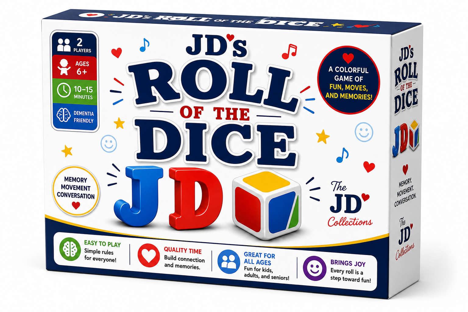 JD's Roll of the Dice box, a colorful game of fun, moves, and memories for 2 players ages 6 and up